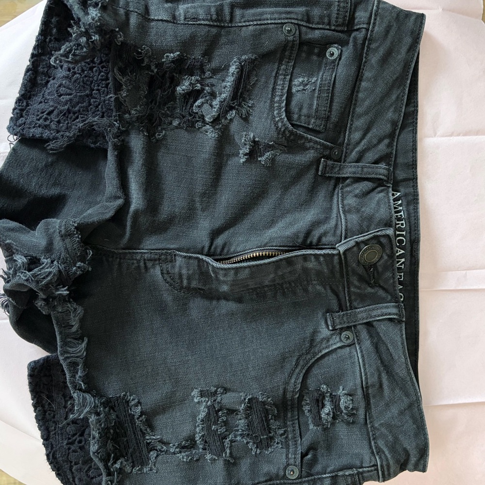 American Eagle Outfitters Black Denim Shorts with Embroidered Waistband
